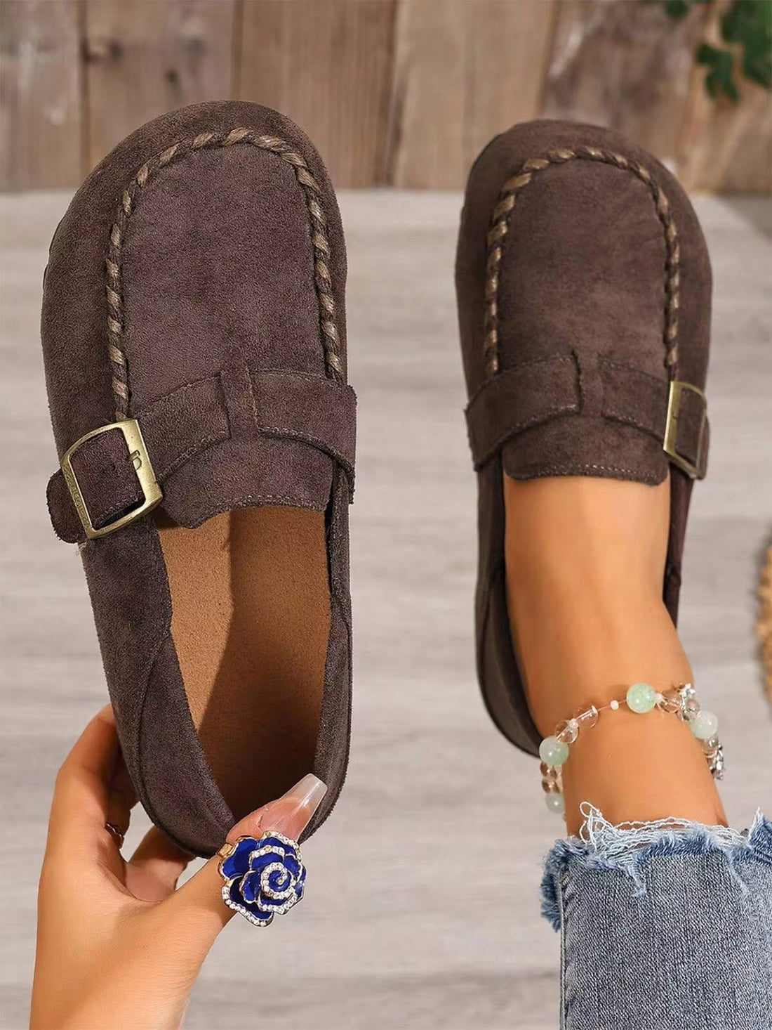 Women's Flat Casual Shoes With Adjustable Buckle, Soft And Comfortable, Round Toe And Widened Wedge Heel, Suitable For School, Dates, Shopping, Walking And Office, Combining Leisure And Sports, Women's Single Shoes Can Be Worn All Year Round.